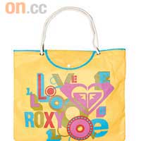 Roxy環保袋 $29<br>袋上圖案以色彩繽紛的品牌英文字母和Logo拼湊而成，更可摺疊成小手袋形狀。