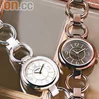 Fossil亦擅於利用不同形狀與設計，把女士們的氣質展現出來。女裝中空錶鏈腕錶，使用精鋼或啡色鍍漆精鋼，配上圓形錶殼，簡潔清秀。<BR>（左）圓形精鋼腕錶 $700<BR>（右）圓形啡色鍍漆精鋼腕錶 $800