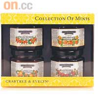 Collection of Minis $135<BR>有機果醬套裝，分別有草莓、杏脯、紅莓及橘子四種口味。