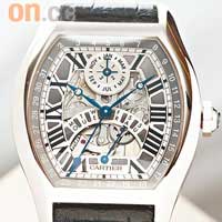 Cartier Tortue萬年曆腕錶，是品牌首枚自家萬年曆自動機芯，採用獨特的萬年曆顯示及布局，如在6時位以逆跳指針顯示星期，月份及年份顯示設於12時位置，設有中央大指針顯示日期。18K白金款式$425,000
