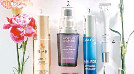 1.3LAB Super "h" Serum精華 $2,700（A）<br>2.Cosme Decorte Moisture Liposome補濕精華素  $570（B）<br>3.Lancome Blanc Expert高效亮白緊緻精華素 $780（C）<br>4.Helena Rubinstein逆轉老化美白POWER K明眸修護精華 $680（D）