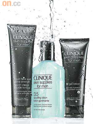 （左）Clinique Liquid Facial Wash洗面液$170<br>（中）Scruffing Lotion潔膚水$110<br>（右）M-gel Lotion爽膚啫喱霜$210