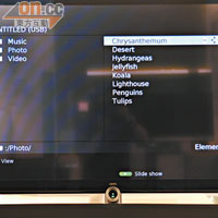 插上USB手指或外置硬碟，即可播放相片、音樂及短片等。