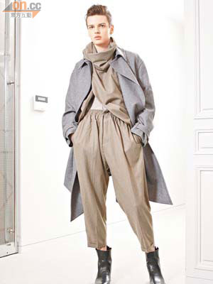 Unhooked front coat $14,500<br>Asymmetric jacket with<br>scarf collar $21,000<br>Shirt $3,300<br>Trousers $4,900<br>Boots $8,200