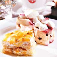 Passionfruit and Mango Sponge Cake（左）、Mashmallow Chocolate Chips Mousse Cake （自助午餐甜品）<BR>蒲飛供應的兩款蛋糕：前者果香濃郁，酸酸的可中和膩滯感；後者則有濃香朱古力味，還夾雜棉花糖，味道甜絲絲。