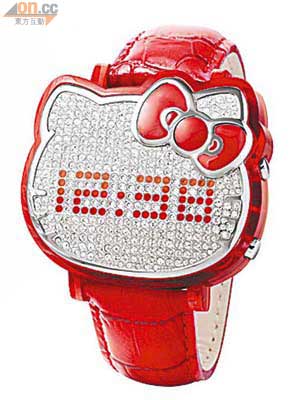 紅色仿搪瓷膠全水晶面LED腕錶，由國泰獨家發售。