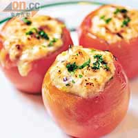 Baked Stuffed Tomato<BR>小番茄內釀入蘑菇、巴馬芝士、水牛芝士及忌廉芝士汁，滿口餡料很惹味。