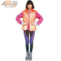 鮮橙色夾棉背心 未定價<BR>桃紅色尼龍Varsity Destroyer Jacket $899<BR>黑×紫Legging 未定價