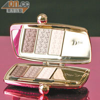 Dior紫金粉紅限量眼影唇彩化妝寶盒 $520（a）<br>盒面飾有Dior招牌千鳥格圖案，並點綴了Dior金屬標誌牌和帶有懷舊氣息的球狀扣子，甚至連眼影也壓印了千鳥格圖案，非常別致。