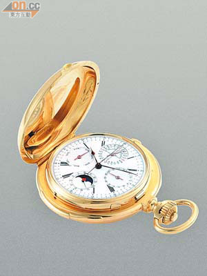 黃金製獵錶殼懷錶，具簡單計時功能，月相月齡顯示及分鐘報時。