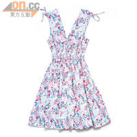 H&M白×藍×粉紅色花花束腰連身短裙 $199（a）