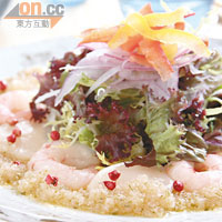 Scallop & Amaebi Salad $120<br>由北海道帶子及甜蝦製成的沙律，加入乾葱頭、檸檬汁、橄欖油和紅胡椒拌勻，味道超鮮甜！