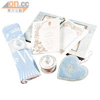 英國皇室官方婚禮紀念品，當中包括藥丸盒、餐單卡、餐巾等。