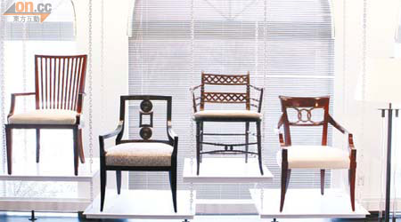 Baker的布藝座椅有逾千款選擇，售價視乎物料而定。左至右是4個不同系列，標誌着不同設計師的獨有風格。