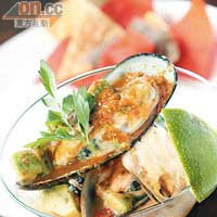 Chilled Greenlip Mussels, Salsa Cocktail $78<BR>特別的冷盤前菜，新鮮青口伴以由牛油果、辣椒及番茄汁做成的新西蘭群島醬汁，十分惹味。