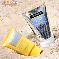 右：Neutrogena Ultra Sheer Sport Sunblock Lotion SPF 50\PA+++ $129.9\100ml（g）<BR>左：NEOGLIS抗氧化高效防曬修護霜SPF 50+ $880\50ml（f）