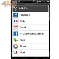 雖說是facebook手機，但仍支援Picasa、Flickr等社交網絡。