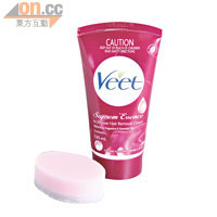 Veet Suprem Essence In-Shower Hair Removal Cream $86.9（b）<br>蘊含玫瑰花中抽取的精華油，適合中性及乾性肌膚使用，令脫毛後的肌膚不再粗糙或缺乏水分。配合內附的海綿於淋浴期間使用，可同時有效去除死皮。
