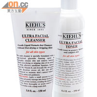 （左）KIEHL'S特效補濕潔面啫喱 $145\50ml （a）<br>（右）KIEHL'S特效補濕爽膚水 $175\250ml（a）