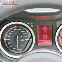襯以電鍍框邊的雙圓錶板，黑底跟紅指針盡顯賽車風格。