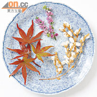 在懷石料理中，菜式點綴都與季節扯上關係，以秋天為例，就常用爆米谷、松葉及紫米花。