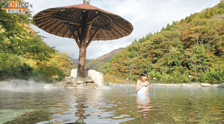 新穗高地區最大的露天風呂，身後樹林正式入秋後會變成一片通紅。