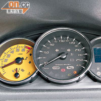 三圈式儀錶板設計，採用不同顏色，凸顯跑車性格。