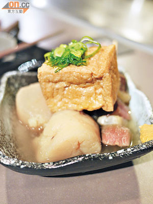 關東煮 $12/款<BR>關東煮在日本隨處都可以吃到，這裏逐款配料收費，有厚豆腐、蘿蔔、薯仔、牛筋、蛋及蒟蒻。大部分都做得入味，惟獨豆腐太厚，味道較淡。