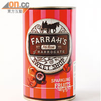 Farrah's of Harrogate Sparkling Fruits $78（e）<BR>來自英國的波子汽水味糖果，果味愈嗒愈出，紅色包裝上印有懷舊馬車及車牌，散發出濃濃英倫風；Good Food有售。