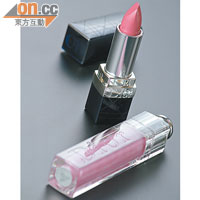 Dior<br>Cheeks, Lips & Nails<br>（上）粉紅色傲姿唇膏 $245<br>（下）粉紫色誘惑映光亮澤唇彩 $230