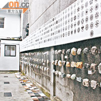 岩石標本牆上鑲有百塊台灣岩石，包括火成岩、變質岩及沉積岩等。