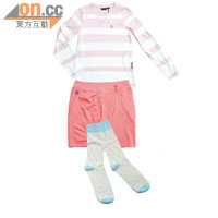 淺粉紅×白色橫間上衣 $690、粉紅色短裙 $990、彩色棉質短襪 $120