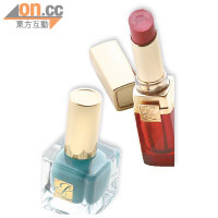 ESTEE LAUDER：Lips & Nails<bR>（右）橙紅色高清純色性感柔潤唇膏 $230M、（左）粉藍色Pure Colour Nail Lacquer $140