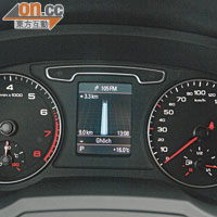 兩圈式錶板，中間顯示行車資訊如導航資料等，方便閱讀。