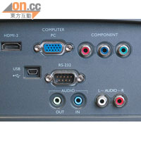 除了HDMI外，還設有色差及D-sub插口，而主機設有喇叭，可透過RCA輸入音訊。