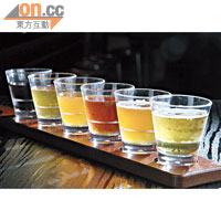 Beer Tasting Platter $128/6杯<BR>若以為它是Shooters便錯了，其實是歐洲一帶很流行試啤酒的方式，有6款必飲之選，最啱花心的人。