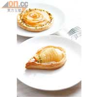 Pear Danish $17（前），Peach Danish $17（後）<br>丹麥酥香脆可口，香梨甜而不膩；蜜桃薄片，厚度剛好，清甜不奪酥皮牛油香。