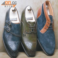 Made To Order＜BR＞（左）Bontoni深藍色Monk $7,500、（中）綠色Derby $7,500、（右）藍×啡色麖皮Desert Boots $8,500（Made To Order另加10%服務費）