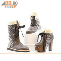 （左起）Boots $3,600、Sneakers $2,500、Ankle boots $4,200<br>較為中性的鞋款，全皮設計飾有quilted細節，並加了fake fur的鞋筒裝飾。