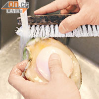 汆水前要用刷子將青BB的鮑邊刷洗乾淨，以免影響鮑魚的鮮味。