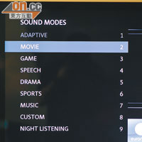 設有Adaptive、Movie、Game等9種音效模式，可因應不同片種而調校。