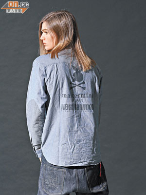 灰色兔子骷髏骨頭圖案恤衫（香港限定） $3,299、深藍色牛仔褲 $3,799 Both from NEIGHBORHOOD×mastermind JAPAN（a）