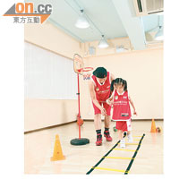 步法練習<br>利用步速梯讓小朋友學習籃球步法，若無法一步走一格，可兩步走一格。