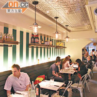 香港分店由環境到餐單都差不多由紐約倒模過來，充滿紐約建築特色，直間條的牆身、雲石面桌子、硬木地板及壓紋天花，莊閒並重。