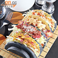 Taco Platter $200/4件（b）<br>雖然Taco是墨西哥特色食品，不過在其他拉丁美洲都吃到，Chicha就用秘魯的材料和醬汁做成，有齊豬、雞、魚和炸魷魚，Taco亦做得香脆。