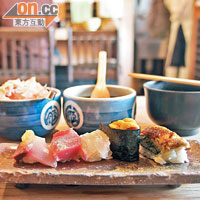 每客壽司也有5件，以獨有的Tukami手法握製，令飯可均勻地散落在舌頭上。