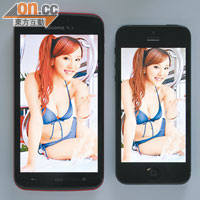 SH-06E（左）屏幕亮度較高，但顏色飽和度就不及iPhone 5（右），各有賣點。