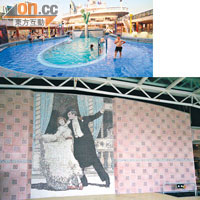 郵輪甲板的的泳池，正對着費里尼電影《舞國》的馬賽克海報。