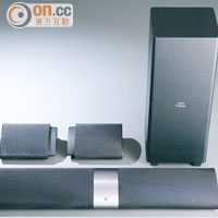 HTL9100由Soundbar與Subwoofer構成，一對後置喇叭可嵌入Soundbar兩側。