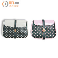 通花設計的clutch，帶出秋天已到的感覺，設計特別。<br>白色handbag $4,700（左）、粉紅色handbag $4,200